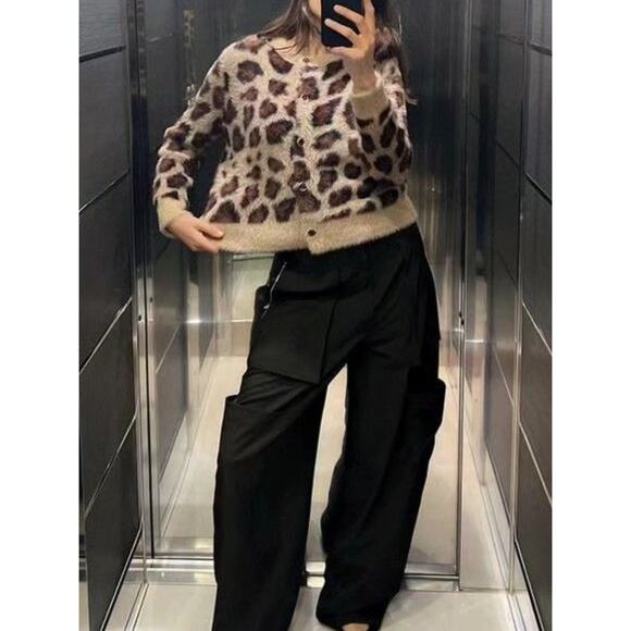 Zara Faux Fur Animal Print Jacquard Knit Cardigan Women’s Size S - Picture 6 of 12